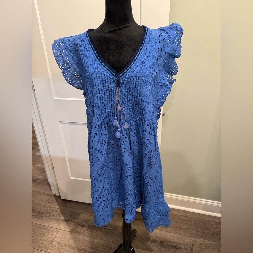 Poupette St Barth Blue Eyelet coverup with Tassels and pleating flutter sleeves